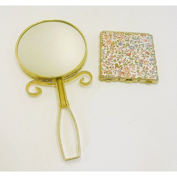 VINTAGE Vanity Mirrors Handheld/ Standing & Ditsy Floral Compact Japan Gold Tone - Picture 1 of 9